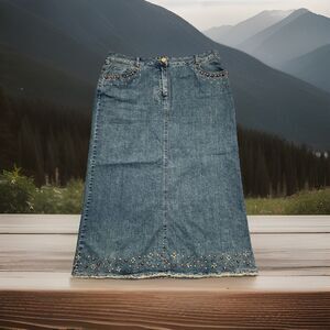 Ruby Rd Boho Denim Midi Skirt 12 (34x33.5) Blue Bead Embellishment Stretch Women